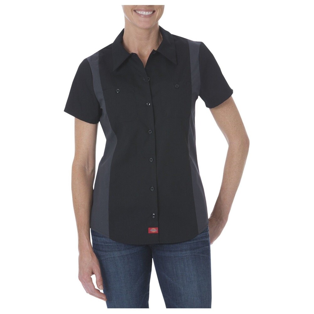 💪Dickies Work Shirt Womens Size L Black Gray Button Up NEW Mechanic Race Day